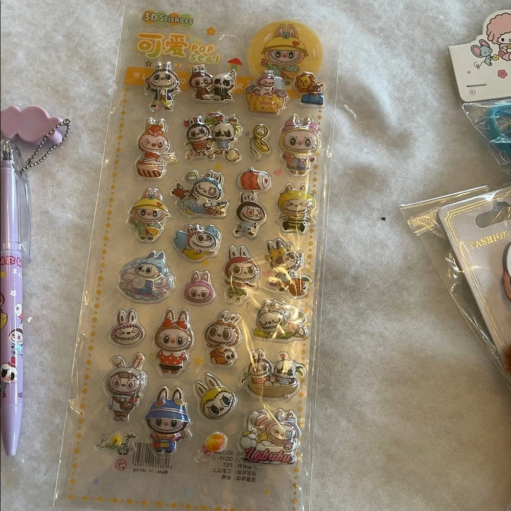 Labubu gift bundle pens hair ties key charm cards pencil set stickers gift bag